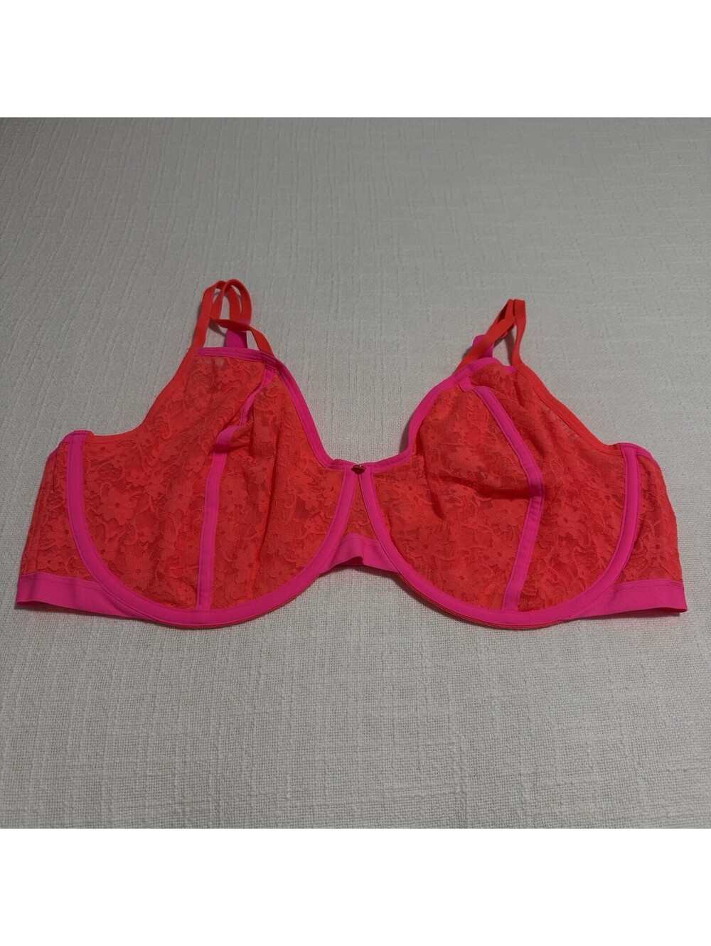 Cacique 44F Unlined Demi Bra Pink Neon Coral Orange Lace Underwire